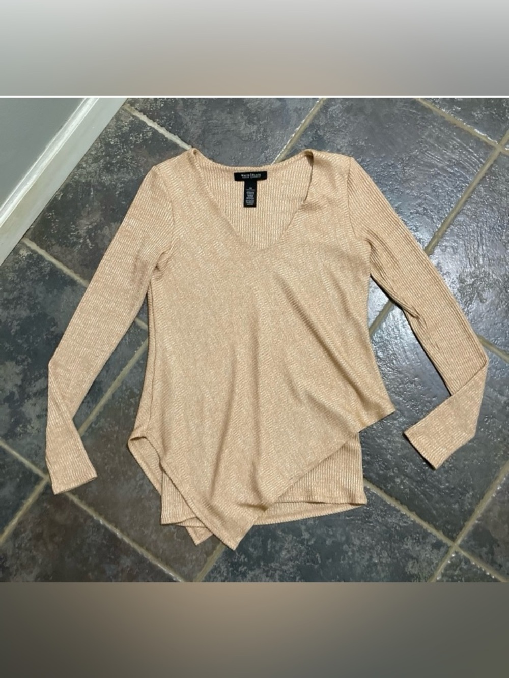 White House Black Market Women's Metallic Tan V-Neck Asymmetrical Top Size XS